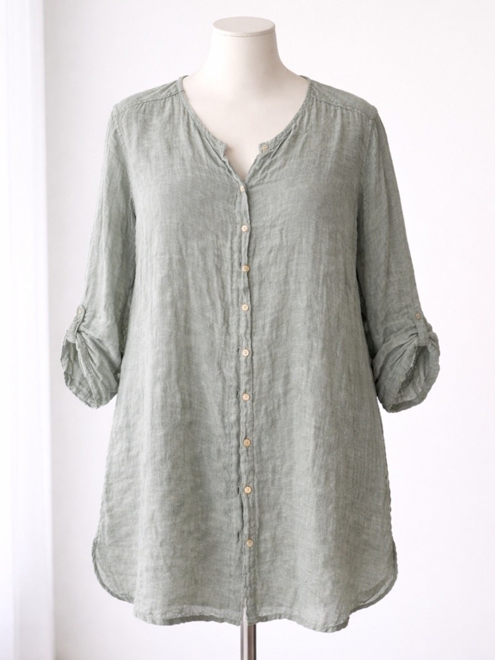 Tahari 100% Linen Sage Green Longline Button-Down Tunic Shirt